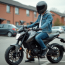 Jeune homme en denim et casque noir sur moto 125cc