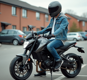 Jeune homme en denim et casque noir sur moto 125cc