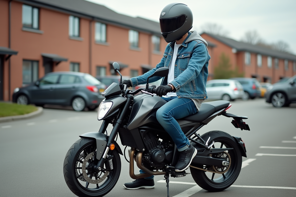 Jeune homme en denim et casque noir sur moto 125cc