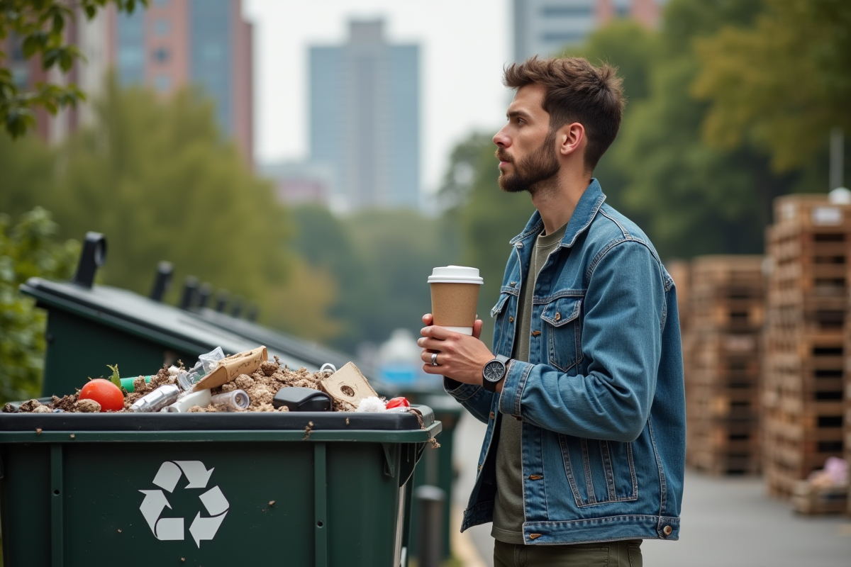 Jeune homme observant un centre de recyclage urbain