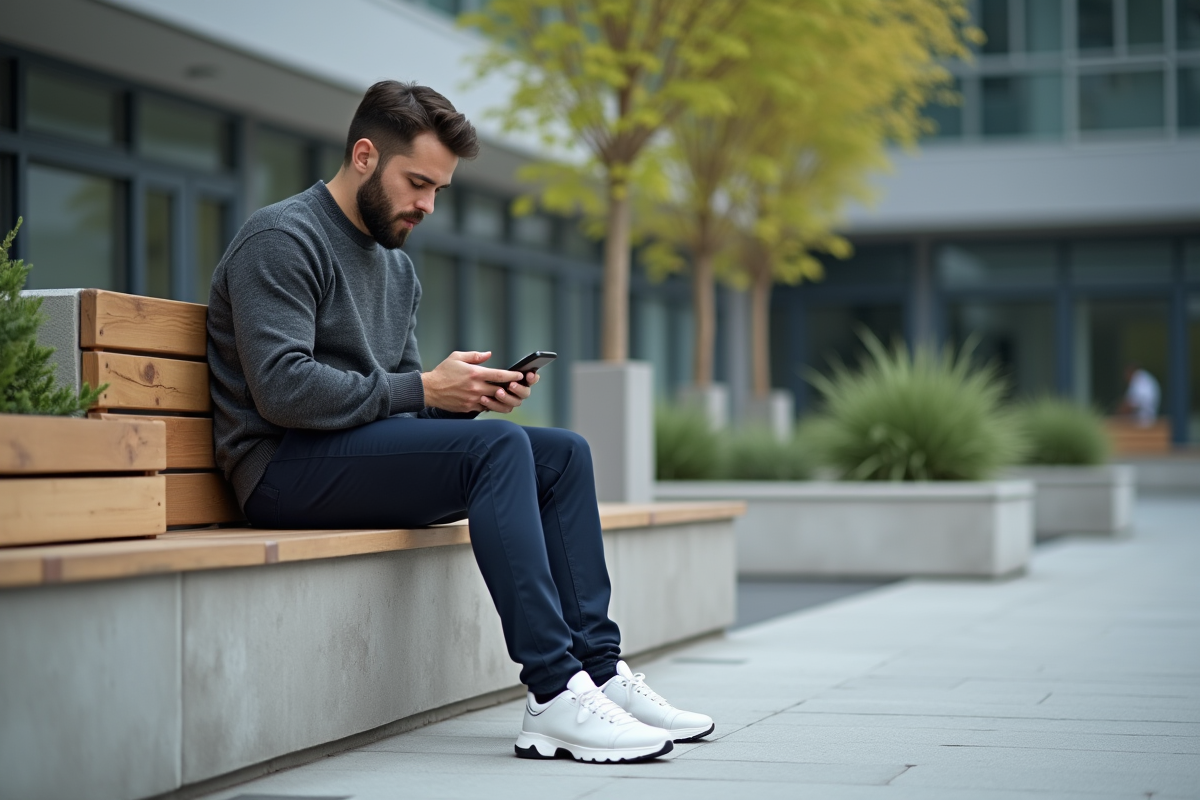 Jeune homme assis dans une place urbaine calme