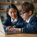 Jeune garçon en uniforme scolaire avec sa mère devant un ordinateur