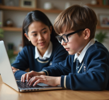 Jeune garçon en uniforme scolaire avec sa mère devant un ordinateur
