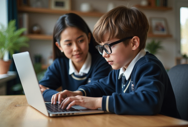 Jeune garçon en uniforme scolaire avec sa mère devant un ordinateur