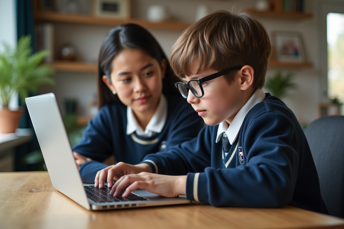 Jeune garçon en uniforme scolaire avec sa mère devant un ordinateur