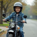 Jeune garçon en denim sur moto 50cc en ville