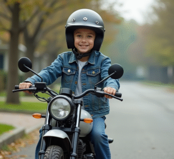 Jeune garçon en denim sur moto 50cc en ville
