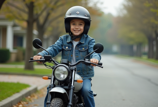 Jeune garçon en denim sur moto 50cc en ville