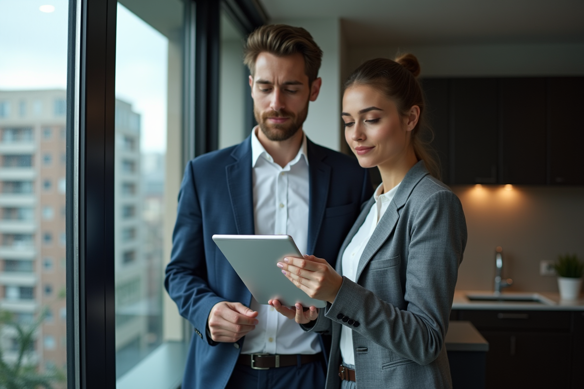 Jeunes adultes regardant une tablette dans un appartement moderne