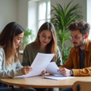 Trois jeunes adultes lisant un contrat de location dans un salon lumineux