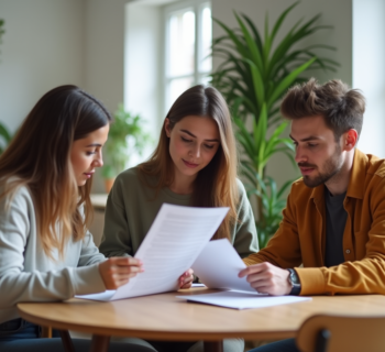 Trois jeunes adultes lisant un contrat de location dans un salon lumineux