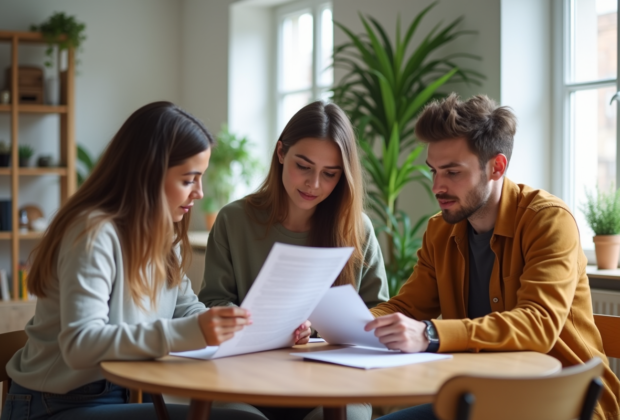 Trois jeunes adultes lisant un contrat de location dans un salon lumineux