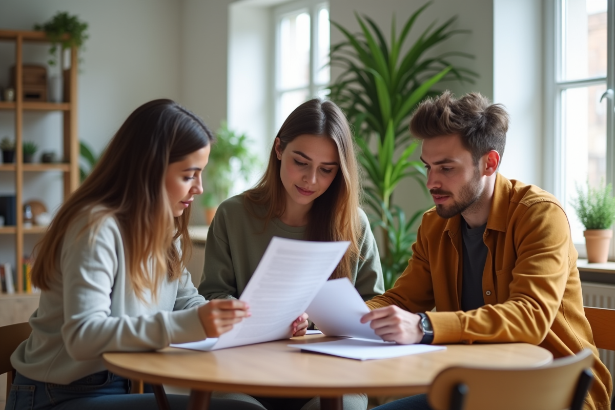 Trois jeunes adultes lisant un contrat de location dans un salon lumineux