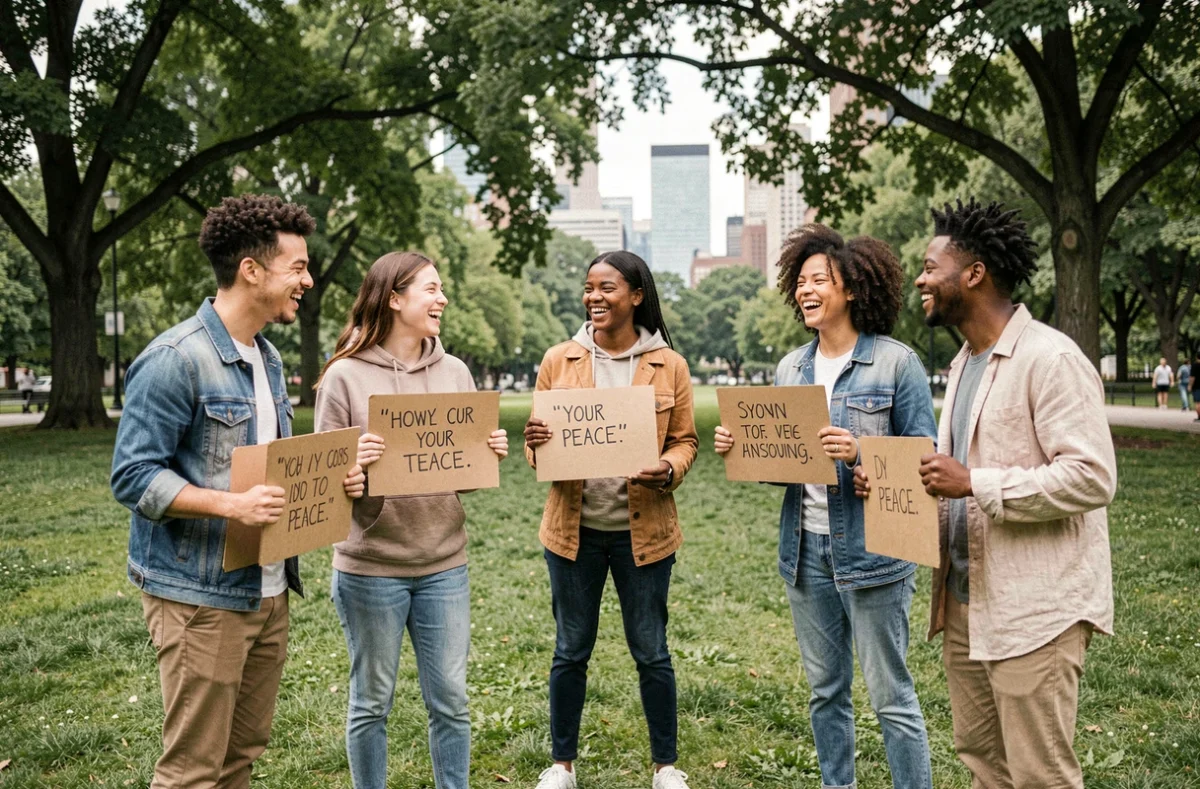 Groupe de jeunes adultes aux origines diverses tenant des pancartes avec des citations sur la paix dans un parc urbain, exprimant un message de fraternité et d'espoir