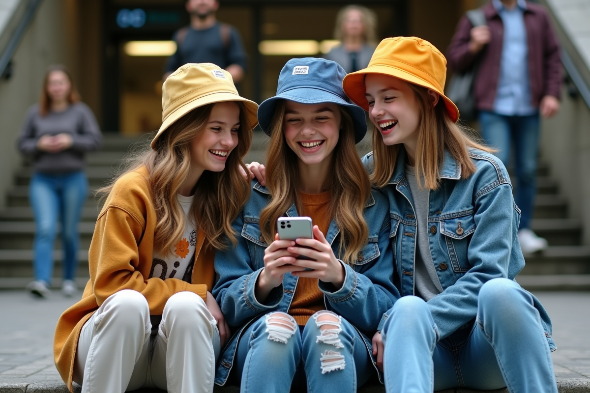 Trois adolescents en streetwear riant sur les escaliers