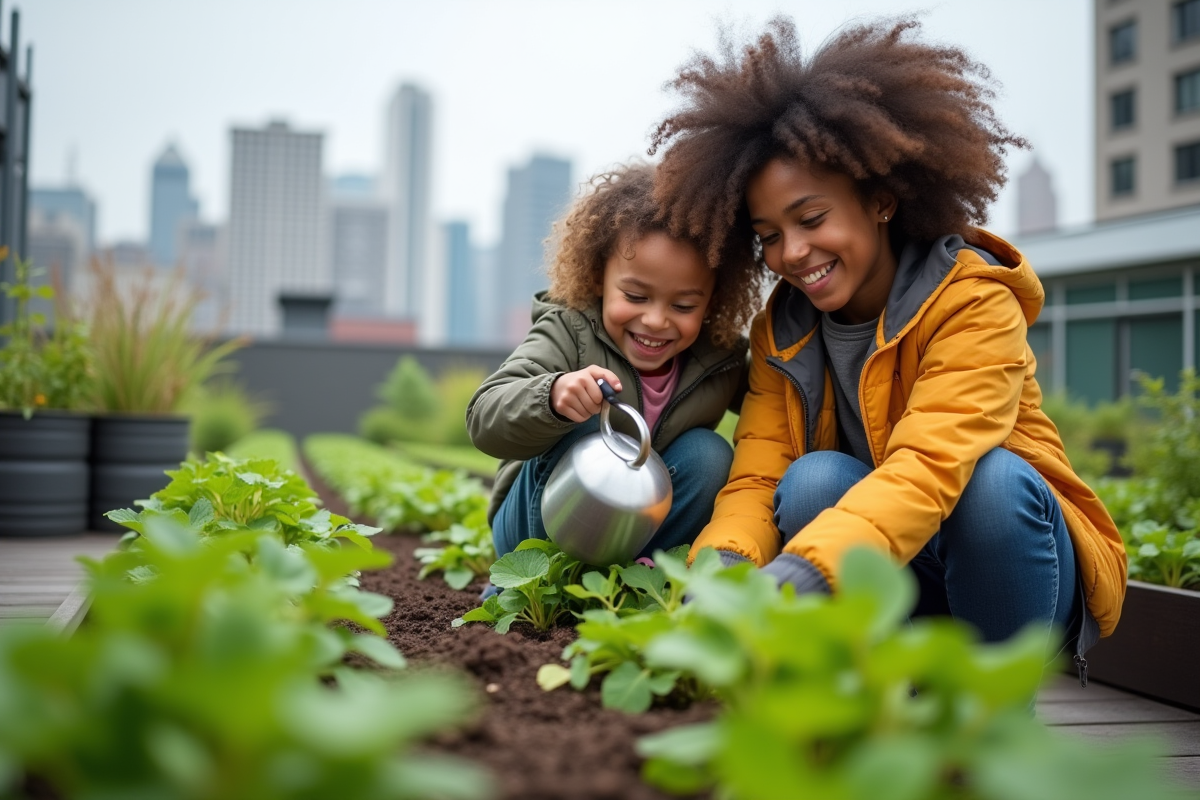 Jeune femme et enfant jardinant sur un toit vert en ville