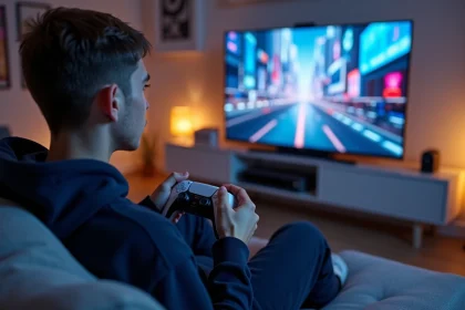 Jeune homme jouant à Miles Morales sur PS5 avec une manette DualSense dans un salon moderne