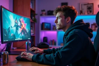 Joueur de jeu vidéo concentré devant son écran en 2026, setup gaming moderne avec clavier mécanique et périphériques RGB
