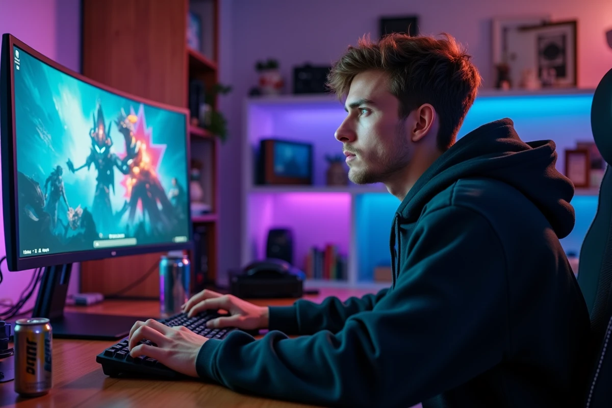 Joueur de jeu vidéo concentré devant son écran en 2026, setup gaming moderne avec clavier mécanique et périphériques RGB