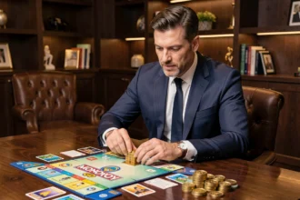 Joueur VIP de Monopoly GO concentré sur sa stratégie autour d'un plateau de jeu dans un cadre luxueux