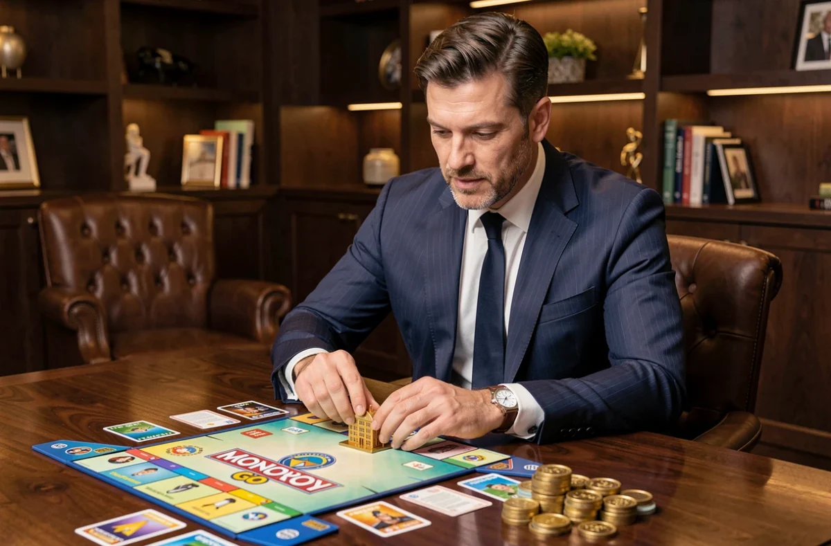 Joueur VIP de Monopoly GO concentré sur sa stratégie autour d'un plateau de jeu dans un cadre luxueux