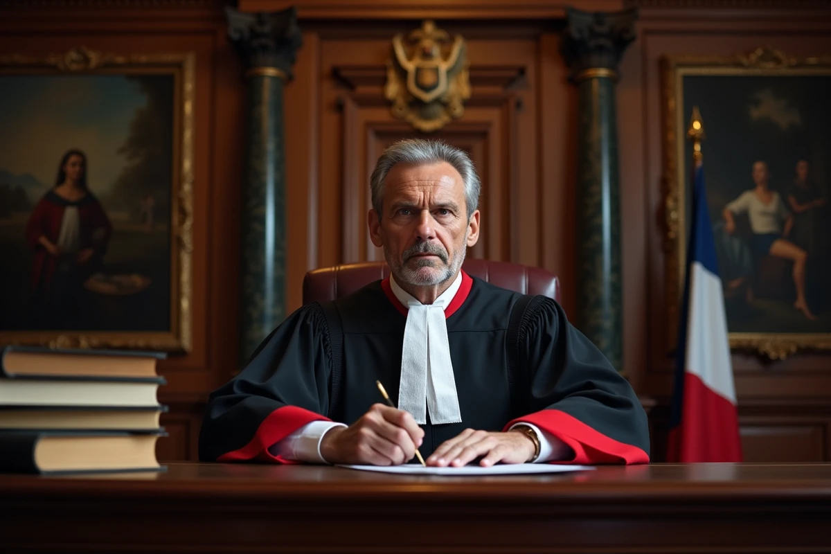 Juge en robe officielle tamponant un document dans une salle d'audience, symbolisant la décision de justice déboutant un demandeur en droit français