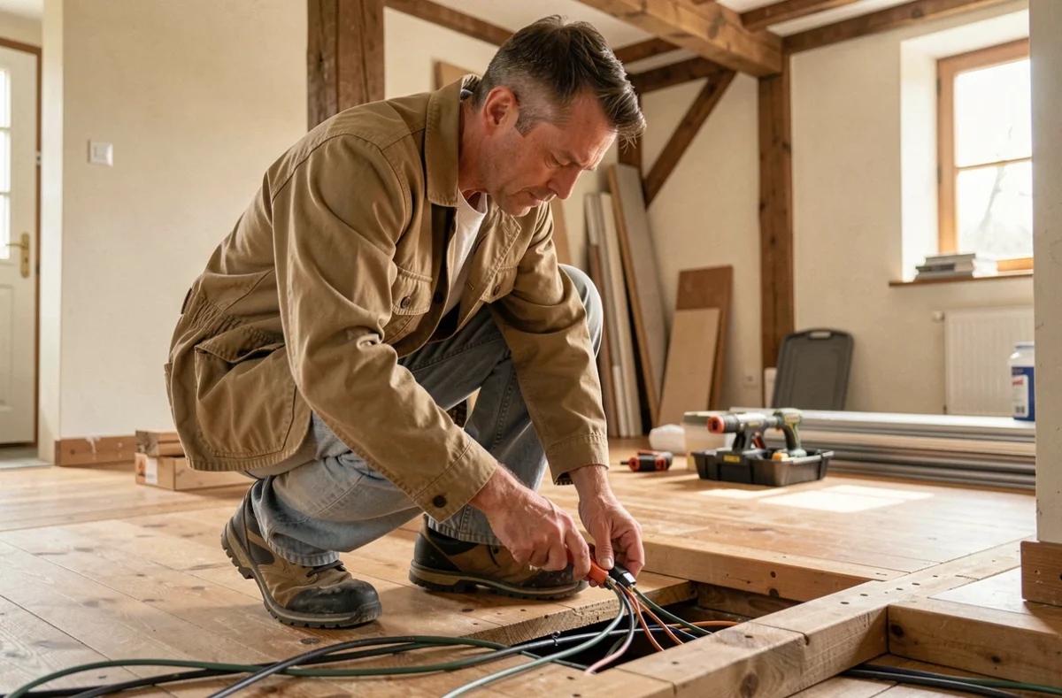 Un électricien de Laloubère Electric Services raccordant des câbles électriques sous le plancher d'une maison rénovée en Lot-et-Garonne