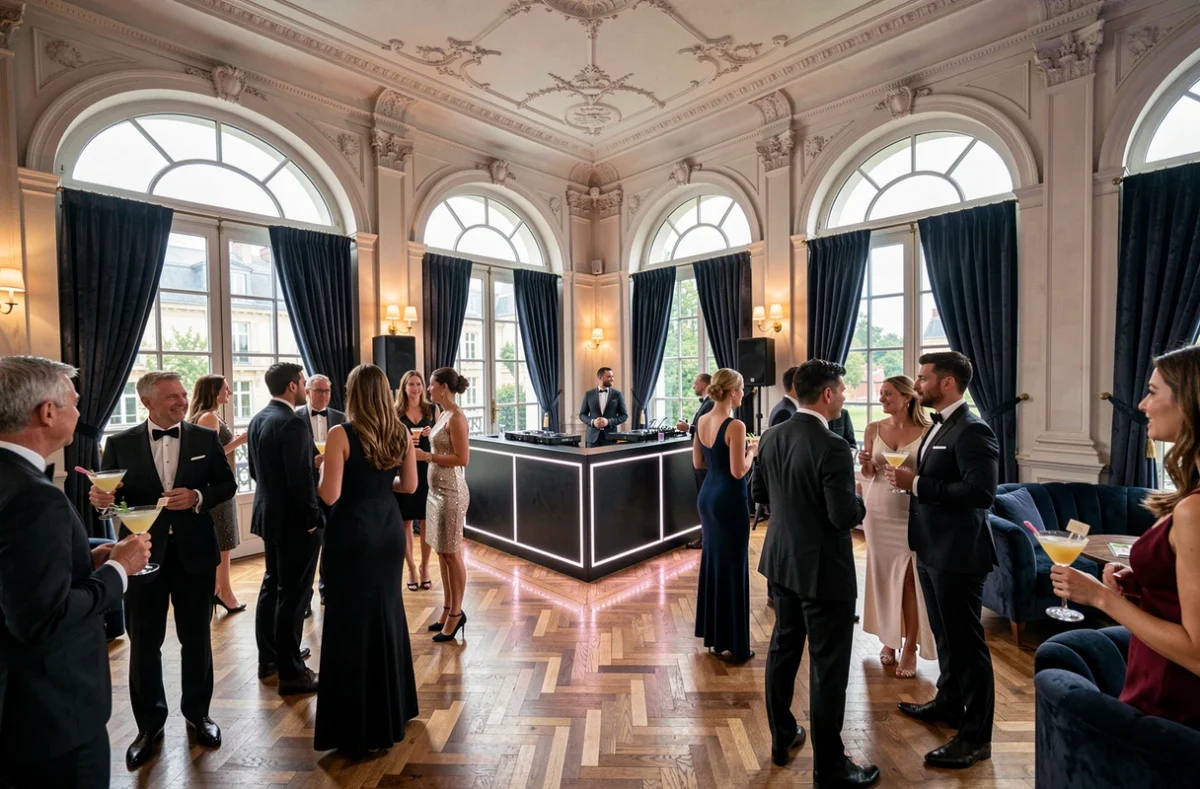 Intérieur majestueux du Château à Maisons-Laffitte, mêlant architecture historique et ambiance club contemporaine