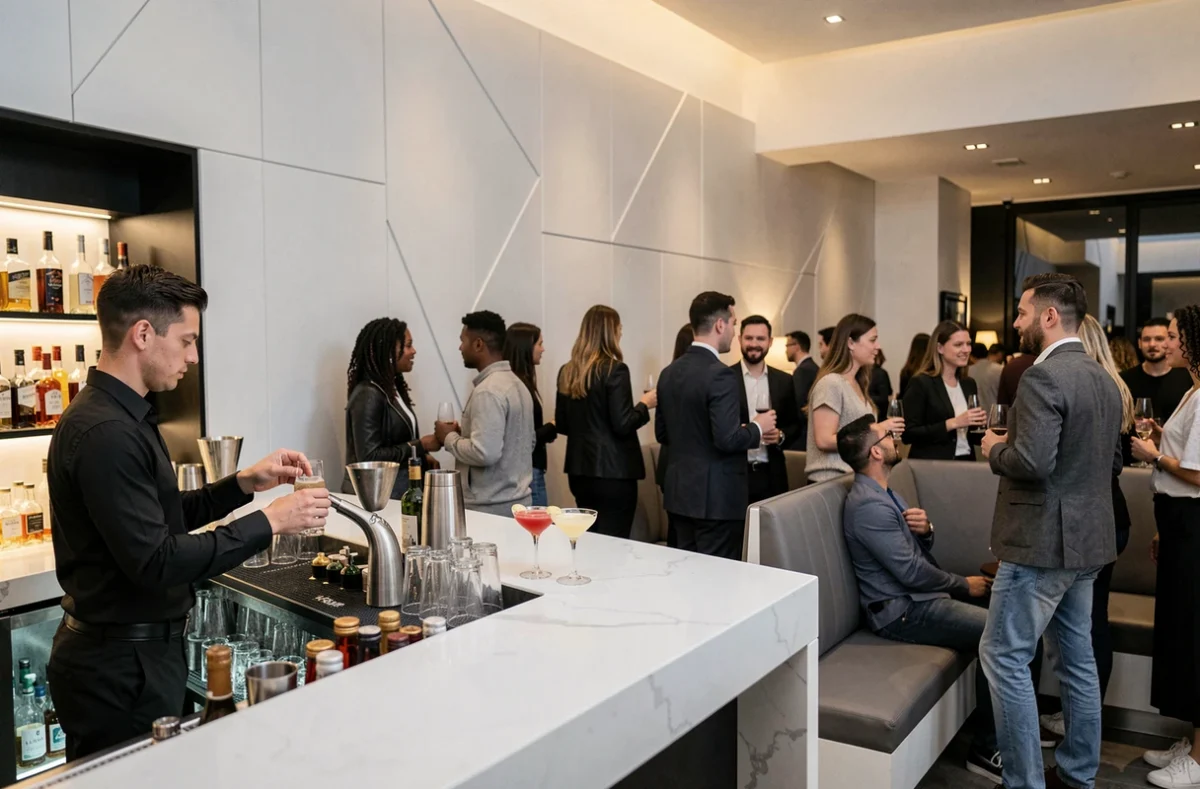 Bar tendance et ambiance moderne du Living à Poissy, clientèle branchée dans un cadre minimaliste et élégant