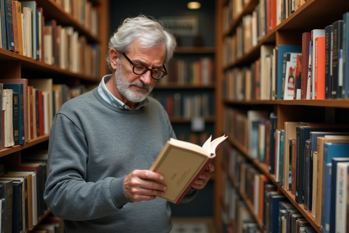 Lecteur découvrant un recueil de poésie des Éditions ACALA dans une librairie indépendante française