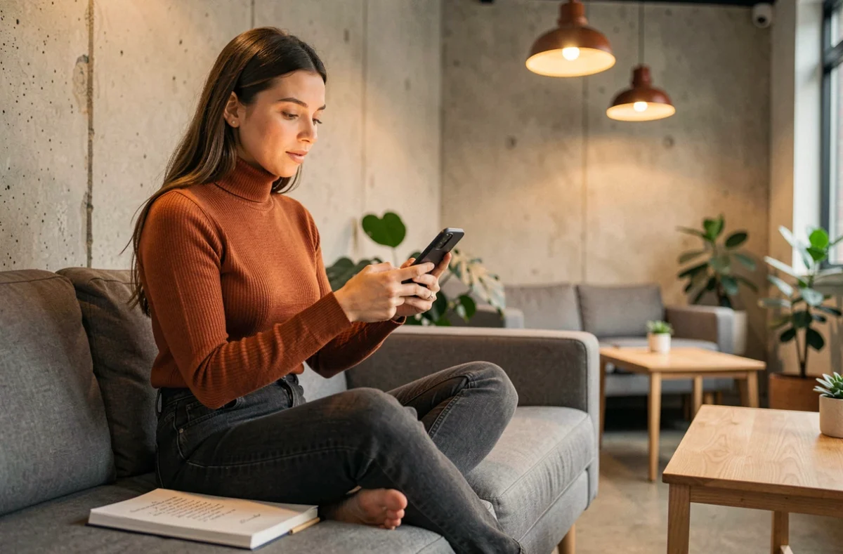 Jeune femme lisant un blog éditorial sur smartphone dans un espace de coworking, représentant l'expérience lecteur et le contenu algorithmique