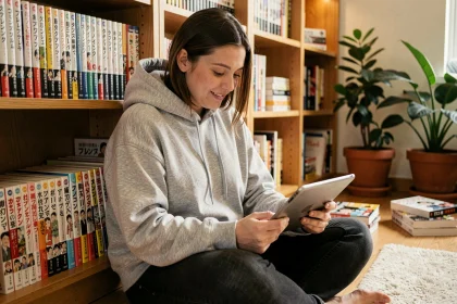 Jeune femme lisant des mangas en ligne sur une tablette entourée de volumes de manga dans une bibliothèque cosy
