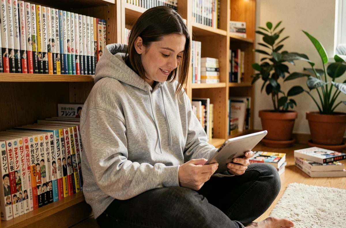 Jeune femme lisant des mangas en ligne sur une tablette entourée de volumes de manga dans une bibliothèque cosy