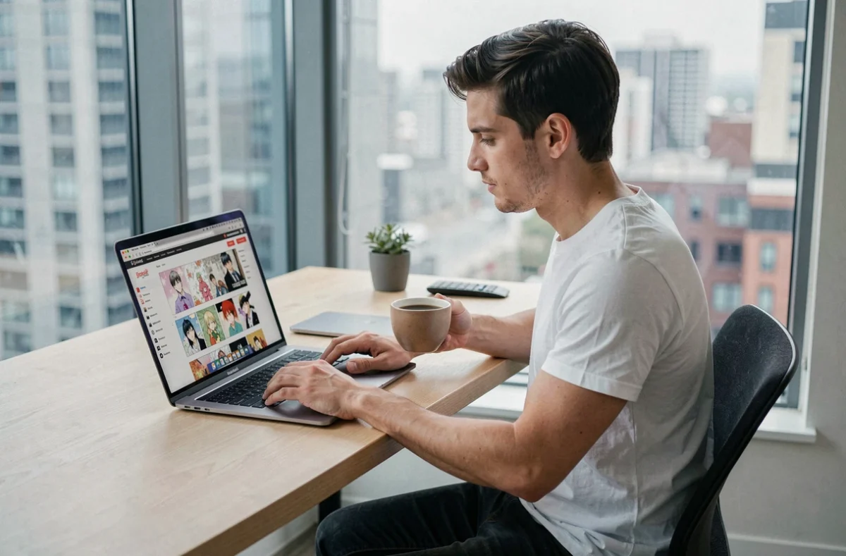 Homme lisant des mangas sur un site web depuis son ordinateur portable dans un appartement urbain moderne