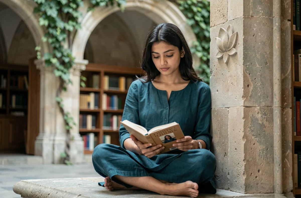 Jeune femme lisant un ouvrage de philosophie dans un cloître universitaire européen, illustrant la rencontre contemporaine entre la pensée de Schopenhauer et les traditions bouddhistes