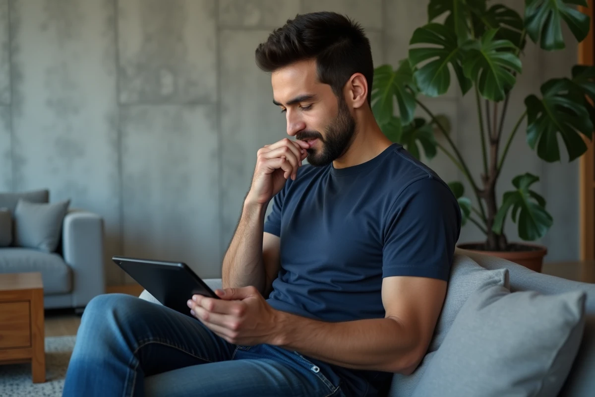 Homme lisant des mangas en ligne sur une tablette dans un salon moderne en toute sécurité