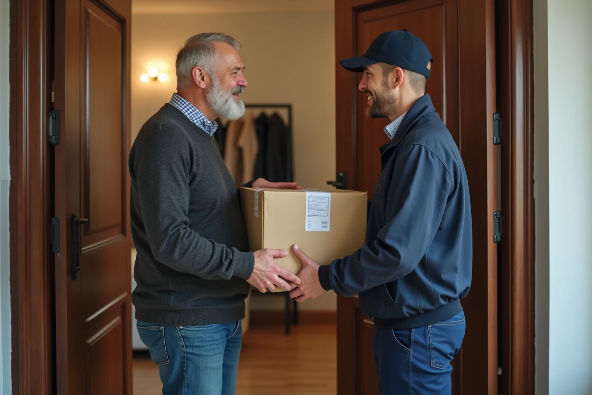 Homme remet un colis à un livreur dans son appartement