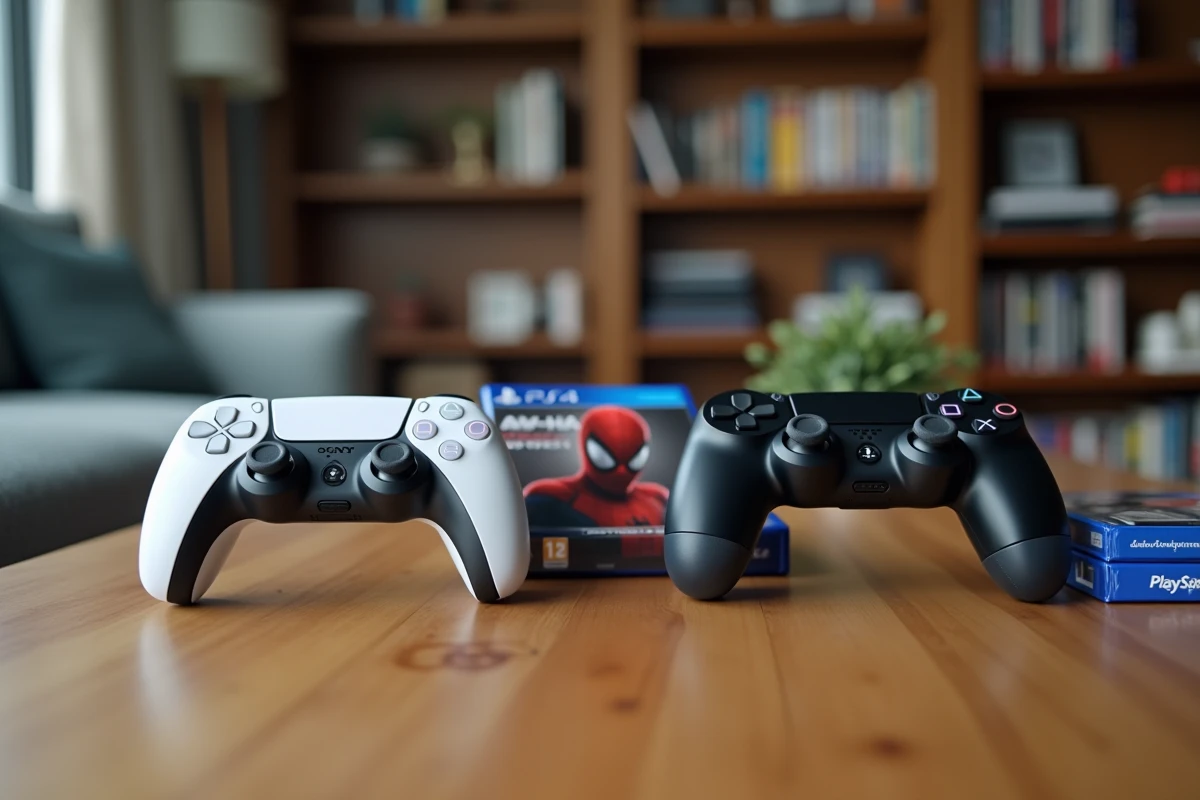 Comparaison des manettes PS5 DualSense et PS4 DualShock 4 posées sur une table en bois avec des jeux PlayStation