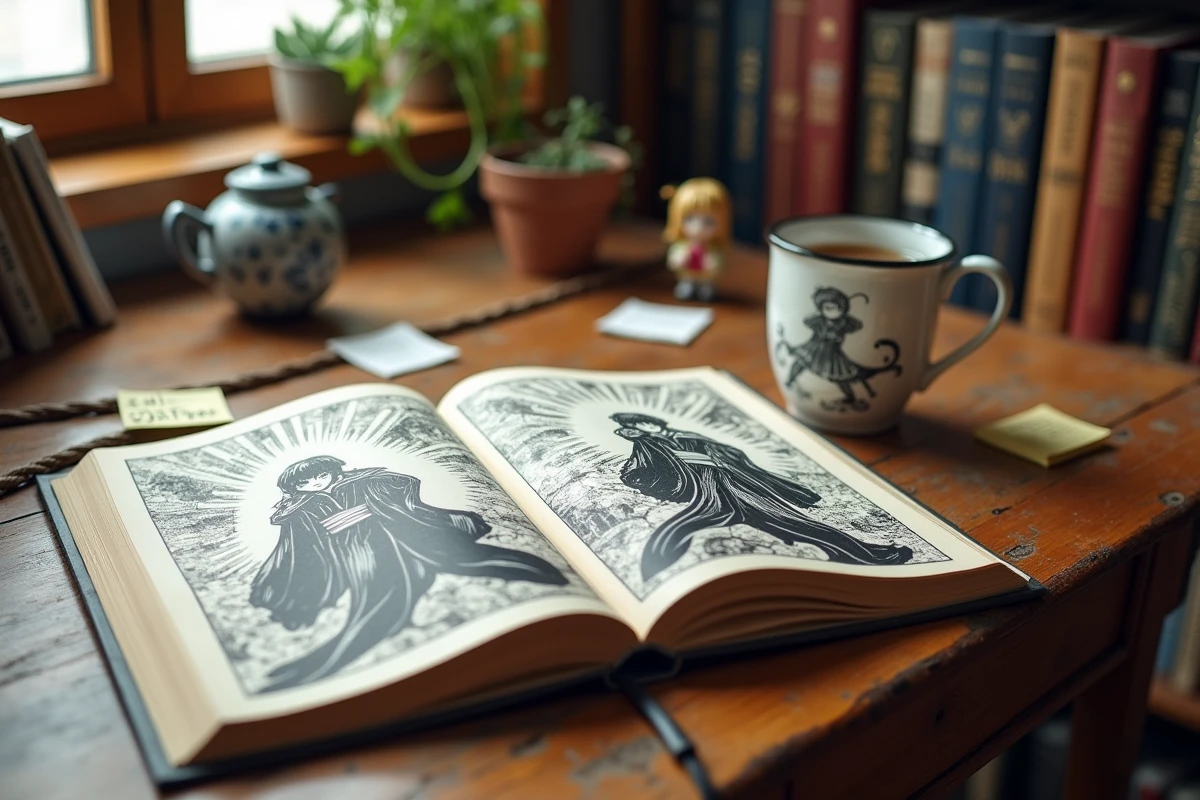 Volume de manga Bleach ouvert sur un bureau en bois avec des figurines anime et des annotations de lecteur