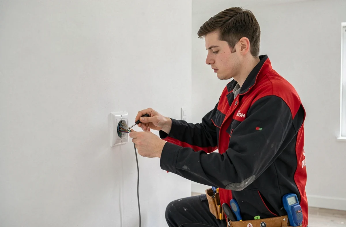 Un électricien de Marcelo Electricité installant une prise électrique sur le mur d'un appartement rénové en Lot-et-Garonne
