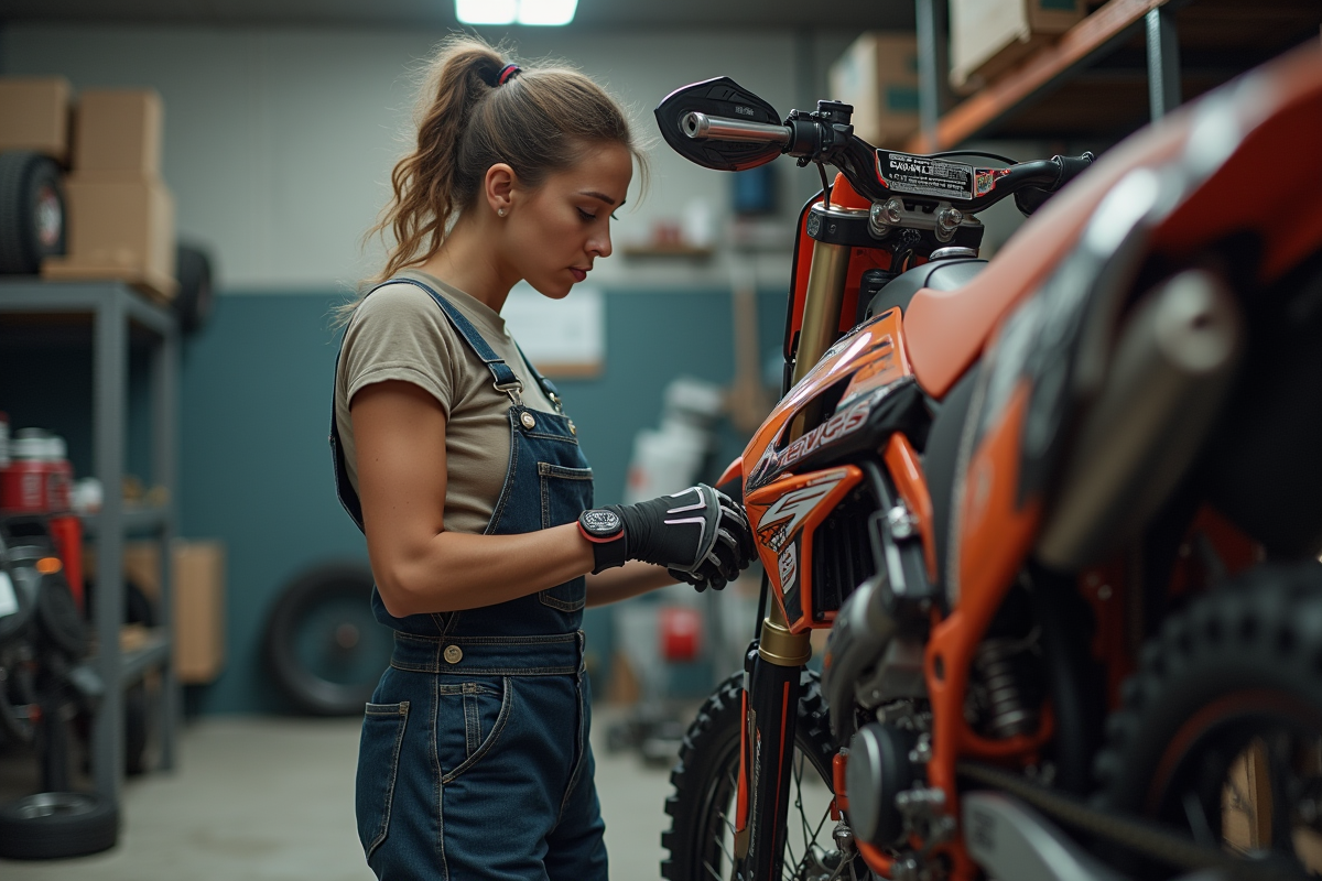 Femme mécanicienne installant un échappement dans un atelier