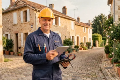 Un électricien professionnel en tenue de travail devant une maison en Lot-et-Garonne, illustrant le top 10 des meilleurs électriciens de la région