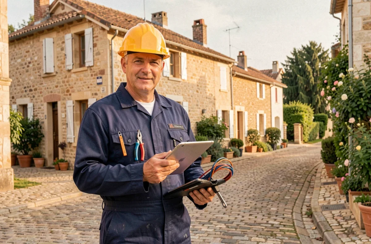 Un électricien professionnel en tenue de travail devant une maison en Lot-et-Garonne, illustrant le top 10 des meilleurs électriciens de la région