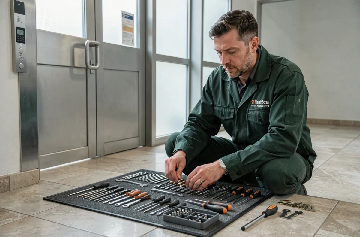 Un serrurier de Mondial prépare méthodiquement ses outils devant une porte sécurisée dans un immeuble de Pantin