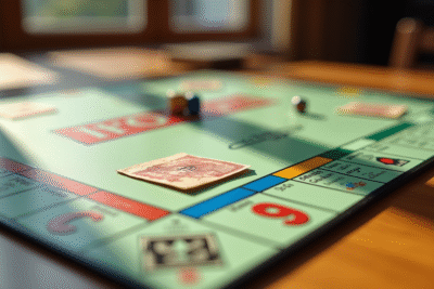 Plateau de Monopoly vintage des années 70 avec billets francs et pions