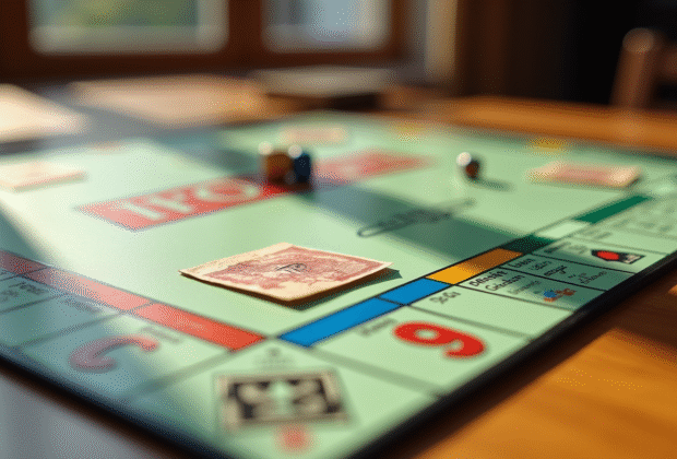 Plateau de Monopoly vintage des années 70 avec billets francs et pions