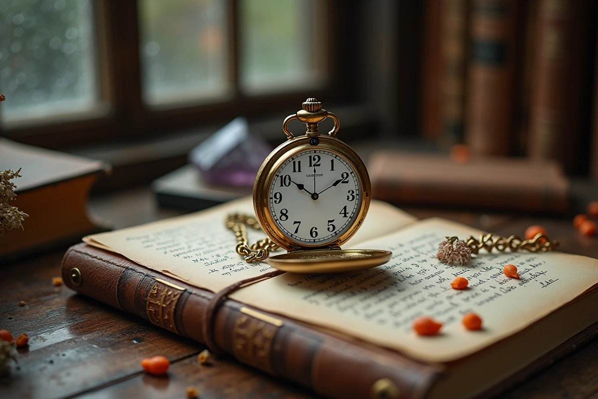 Montre de gousset ancienne ouverte sur 12h12 posée sur un journal avec cristaux et fleurs séchées, évoquant la symbolique de l'heure miroir