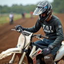 Jeune pilote motocross ajustant un filtre à air en extérieur