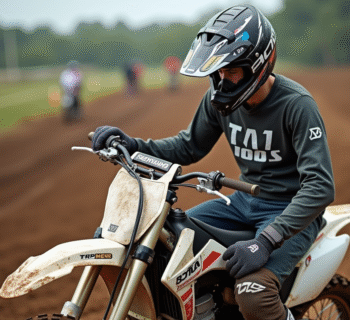 Jeune pilote motocross ajustant un filtre à air en extérieur