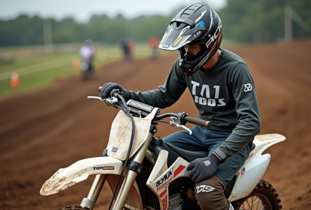 Jeune pilote motocross ajustant un filtre à air en extérieur